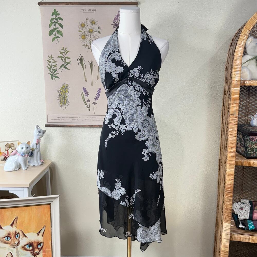 90s y2k Floral Asymmetric Babydoll Halter Dress Dark Fairy Romantic Goth Sexy M